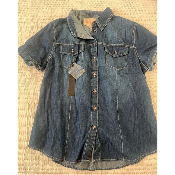 Design by Olivia Women's Cap Sleeve Button Down Denim Chambray Shirt NEEW NWt - Picture 5 of 9